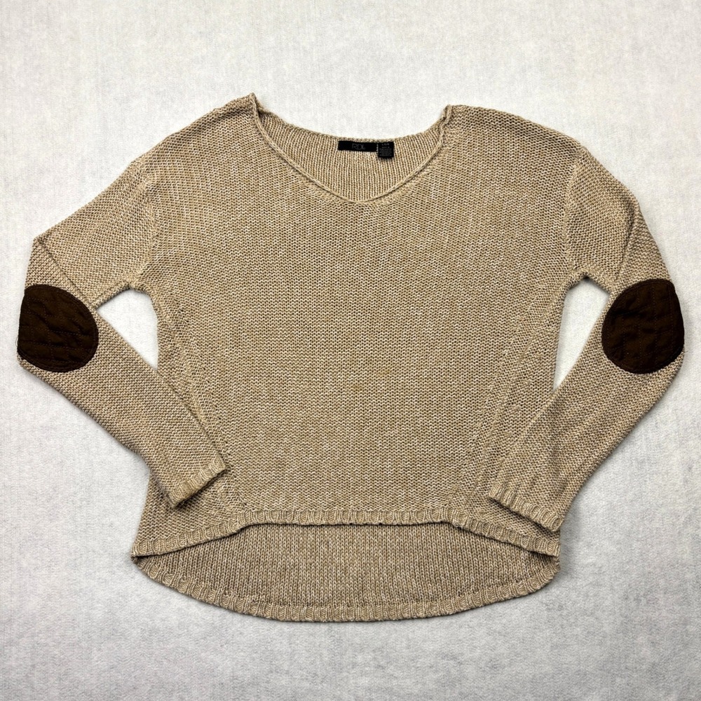 RDI Women's Sweater Large Beige Tan Knit V-Neck Long Sleeve Brown Elbow Patches
